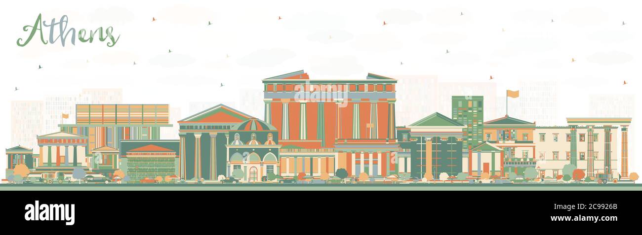 Atene Grecia skyline della città con edifici a colori. Illustrazione vettoriale. Concetto di viaggio d'affari e turismo con architettura storica e moderna. Illustrazione Vettoriale