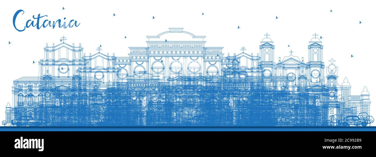 Delineare Catania Italia skyline della città con edifici di colore blu. Illustrazione Vettoriale. Viaggi di affari e di turismo con il concetto di architettura storica. Illustrazione Vettoriale