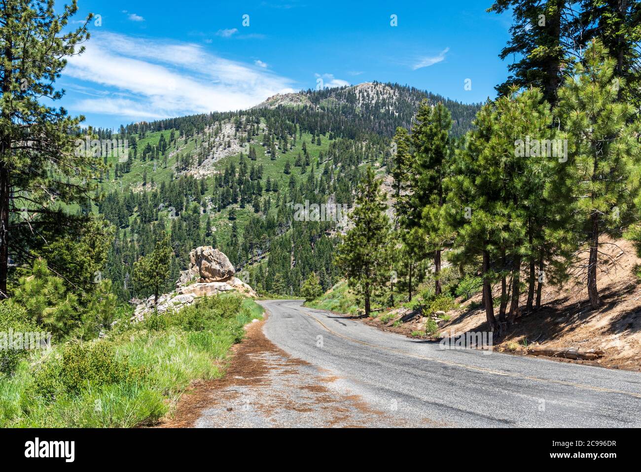 Tirare fuori su giù collina stretta strada di montagna nella foresta sotto il cielo blu. Foto Stock