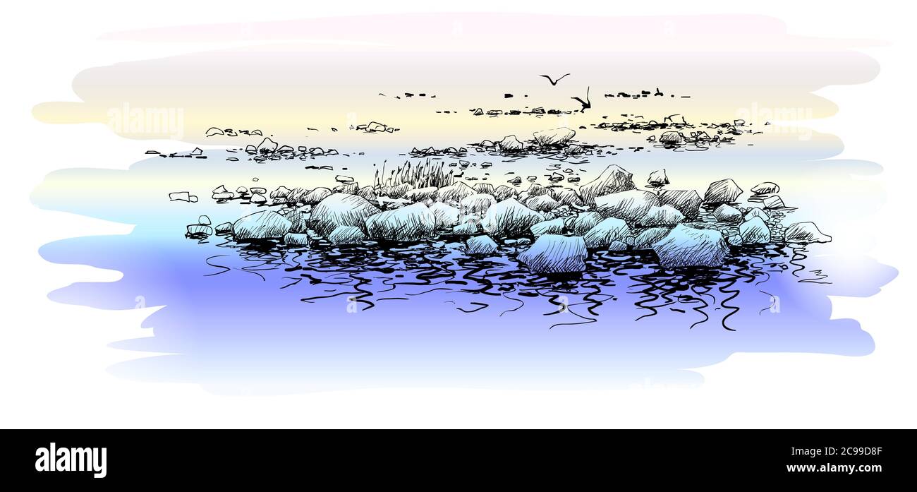 Disegno di schizzo seascape. Costa disegnata a mano, pietre, acqua Foto Stock