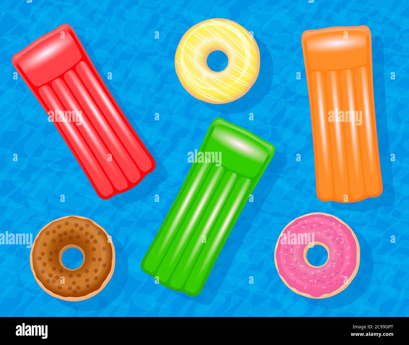 Materassi gonfiabili ad aria e anelli da bagno in ciambella in una piscina. Set colorato che galleggia sull'acqua blu, simbolo del divertimento di gruppo. Foto Stock Materassi gonfiabili ad aria e anelli da bagno in ciambella in una piscina. Set colorato che galleggia sull'acqua blu, simbolo del divertimento di gruppo. Foto Stock