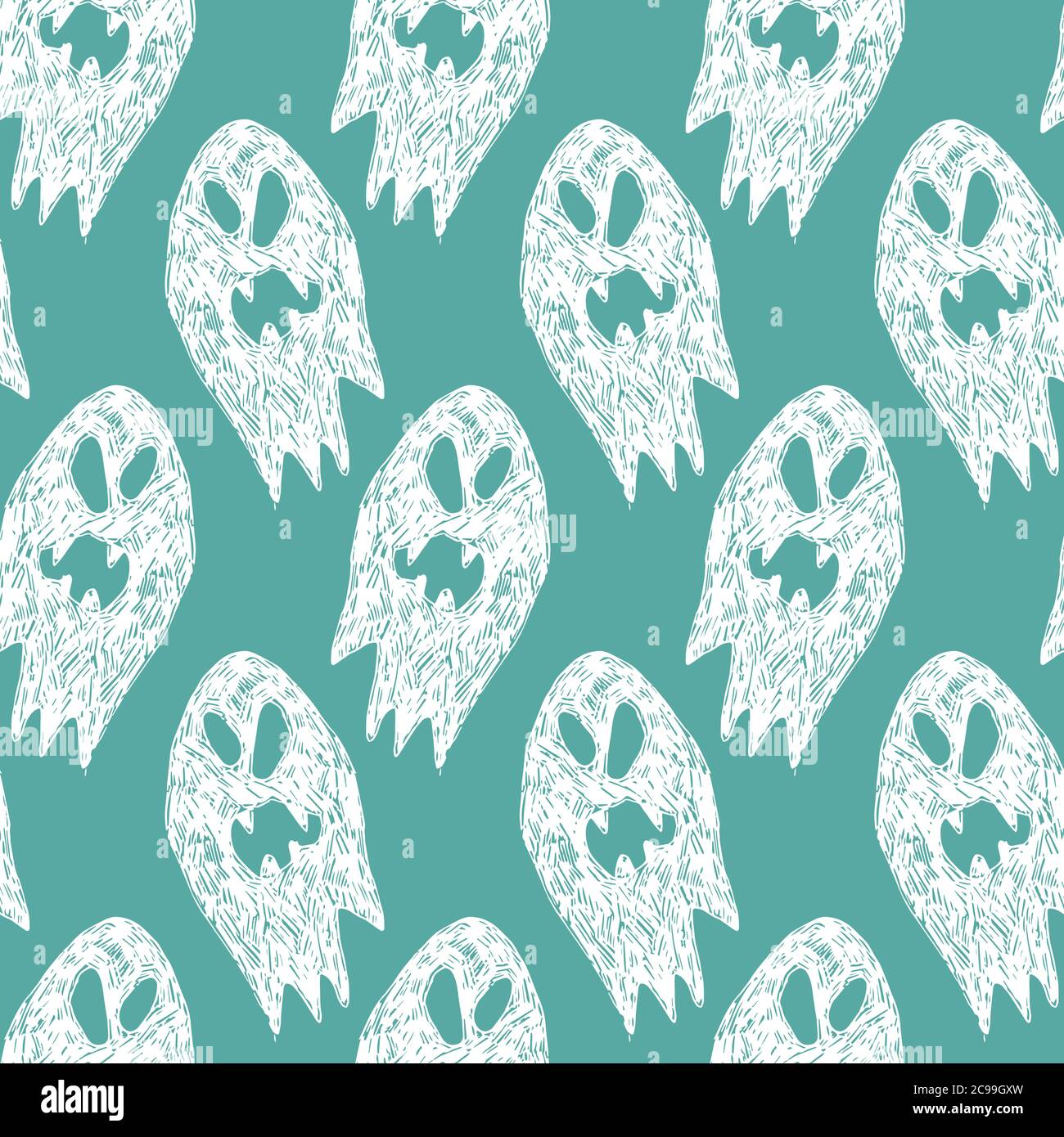 Vettore verde e bianco cute schizzo di righe di fantasmi cartoni animati modello senza giunture. Sfondo per poster halloween, biglietti d'auguri, inviti, confezionamento Illustrazione Vettoriale