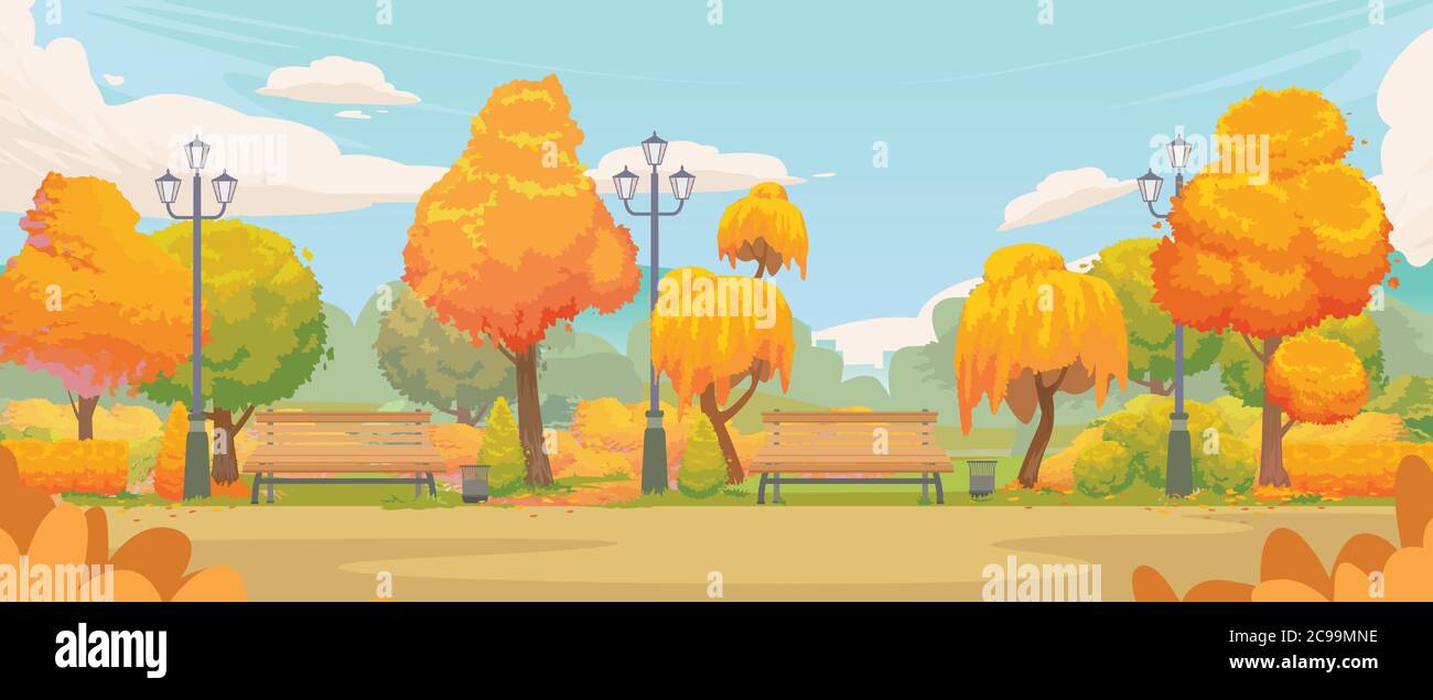 Parco autunnale vuoto. Cartoon autumn Park Road con alberi gialli e panchine. Autunno panoramico paesaggio settembre colorato vettore sfondo. Illustrazione Vettoriale