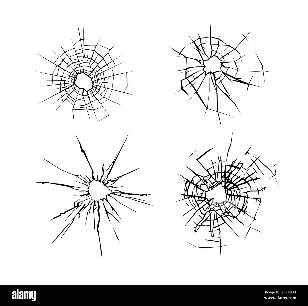 Vetro rotto. Set di superfici in vetro incrinate. Finestra o specchio rotto dopo il punto elenco. Illustrazione vettoriale Illustrazione Vettoriale