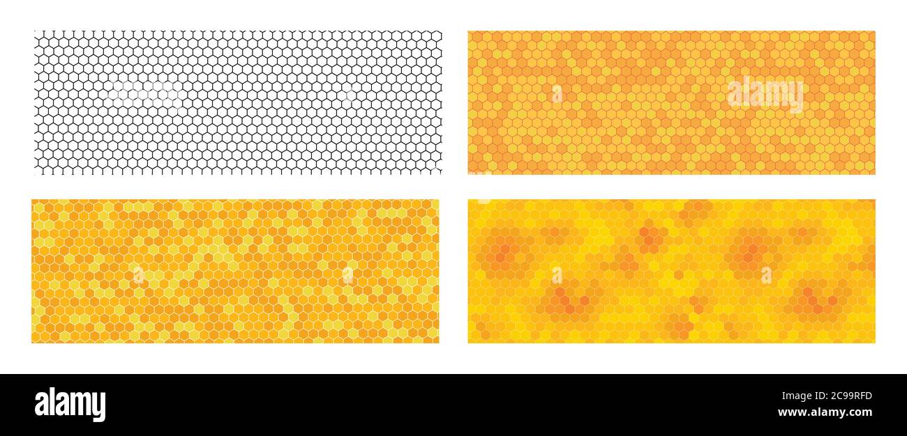 Set di sfondi a nido d'ape. Texture dal contorno nero e nidi d'ape multicolore. Illustrazione Vettoriale