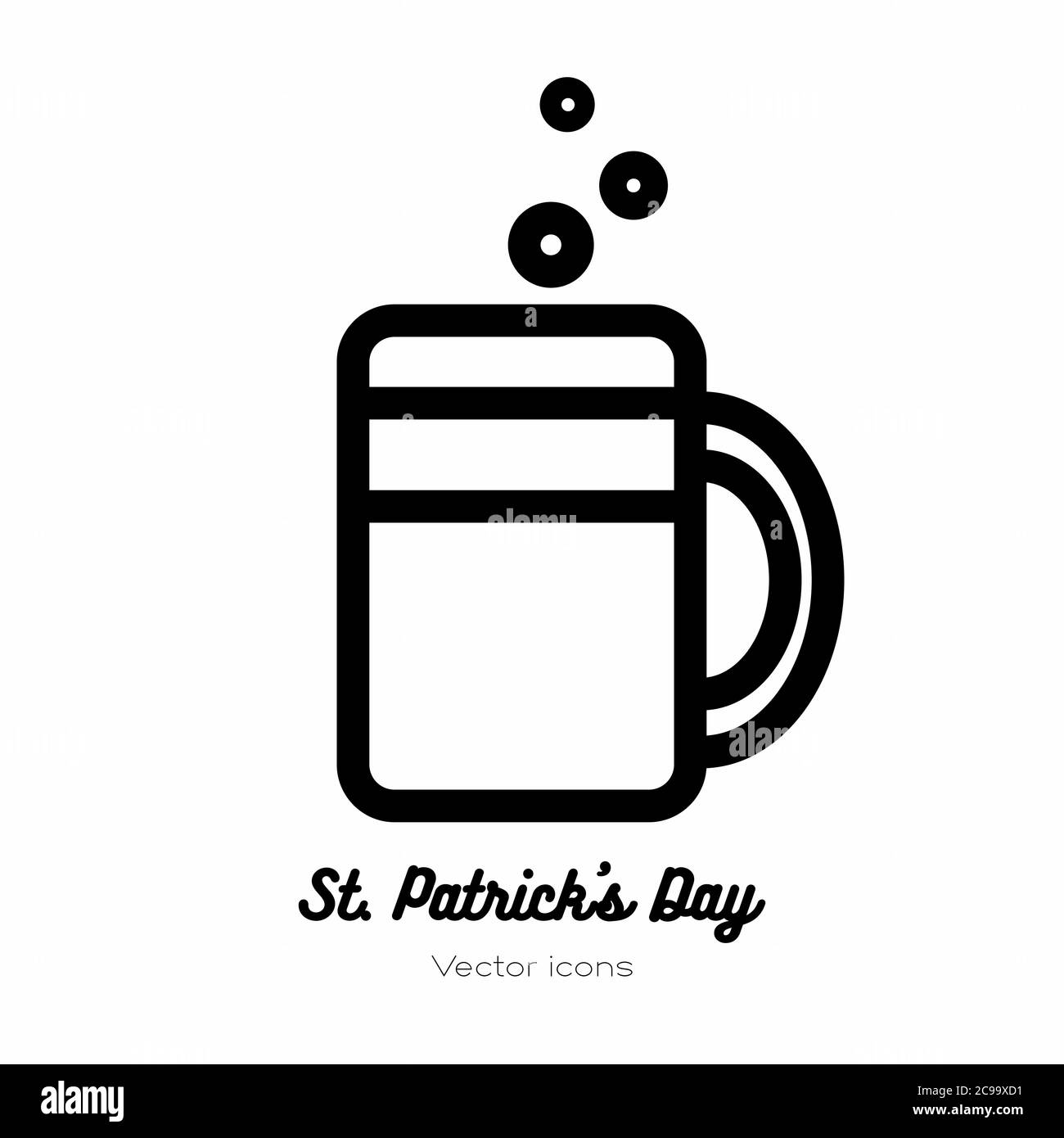 Bicchiere di birra del giorno di San Patrick, tazza di pinta, icona vettore di tankard. Icona piatta in linea bianca nera per logo, segno, pulsante Illustrazione Vettoriale