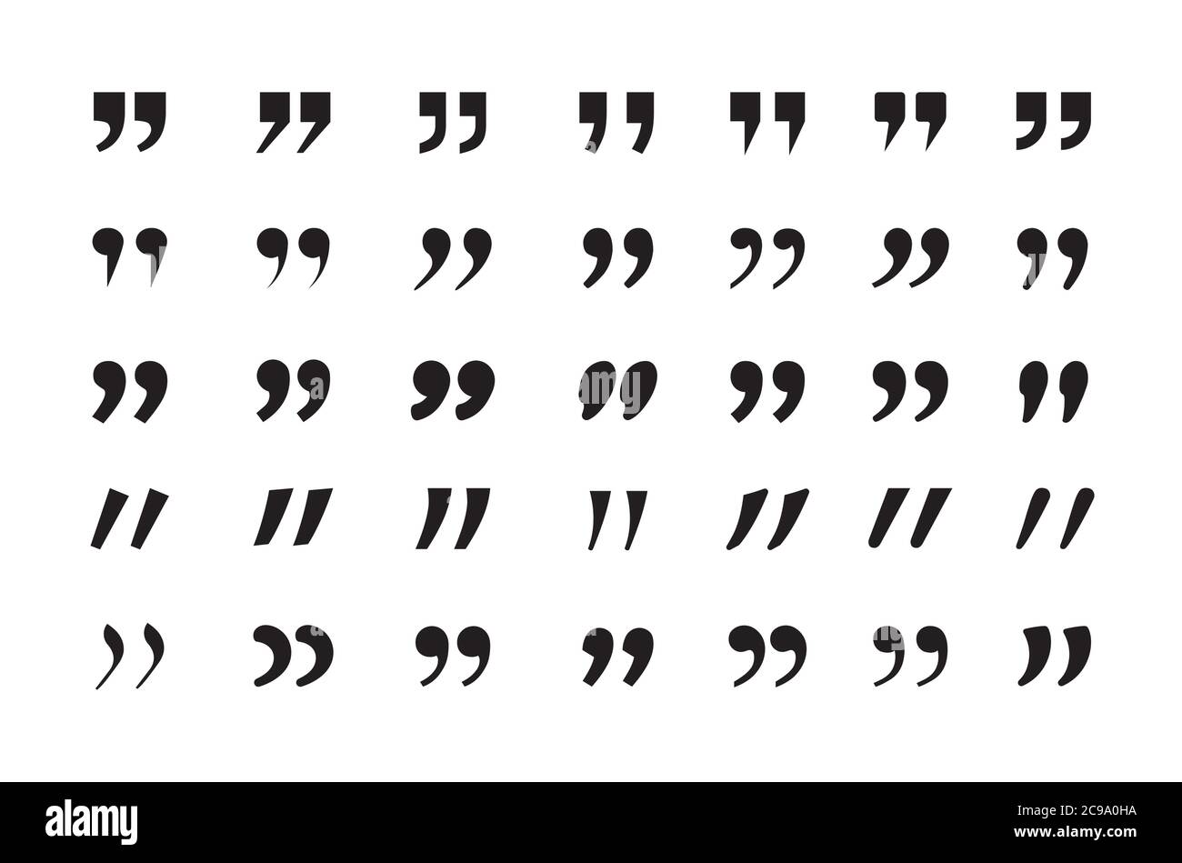 Insieme di icone delle virgolette. Virgolette punteggiatura del parlato stralcio virgole doppie. Vettore stile piatto citazioni segni illustrazione. Illustrazione Vettoriale
