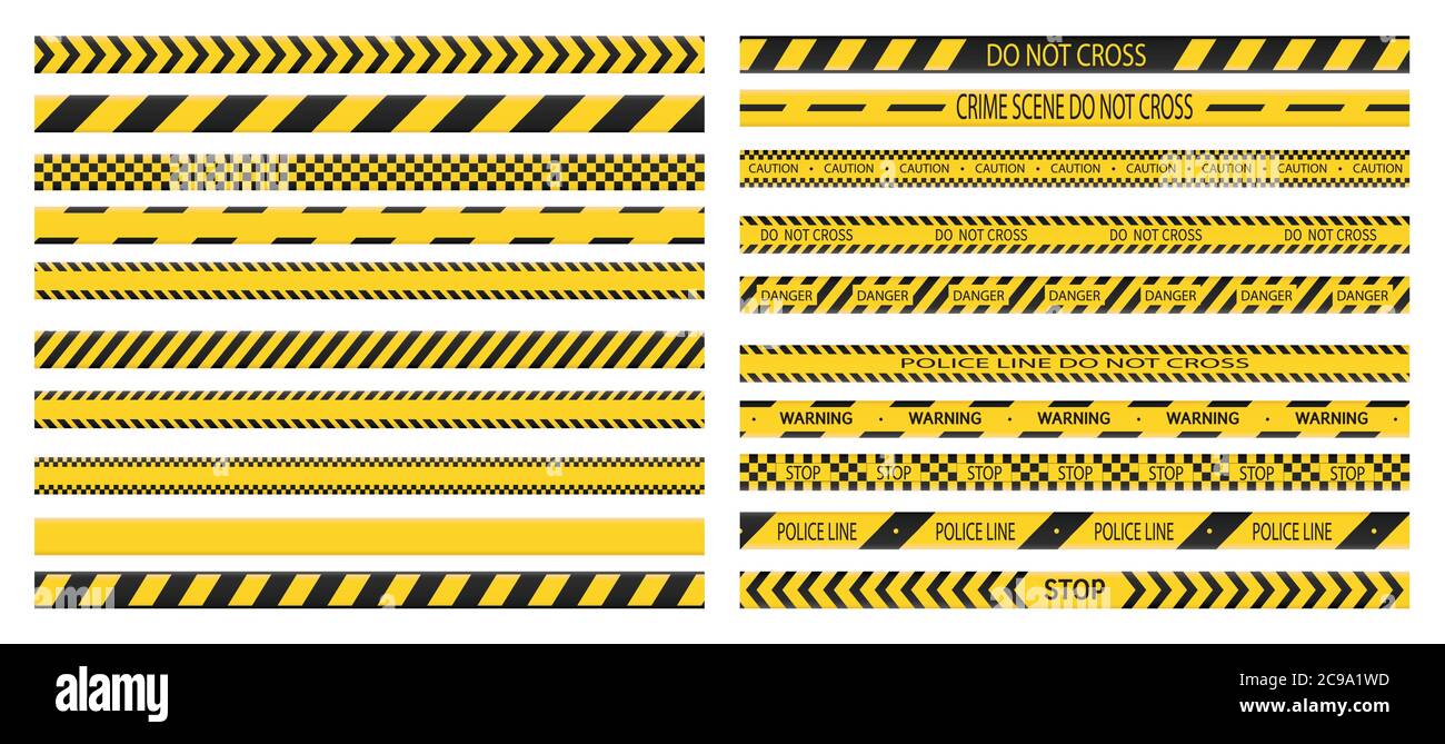Nastro di polizia. Set di nastri di pericolo. Non attraversare, polizia, linea di pericolo del crimine, nastro protettivo giallo brillante della scena criminale. Stile piatto vettoriale Illustrazione Vettoriale