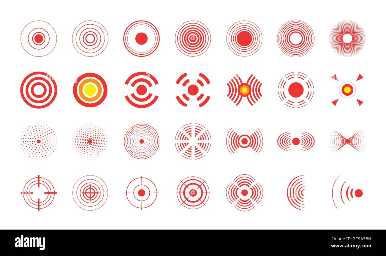 Cerchi di dolore. Insieme vettoriale di icone mediche per illustrare i problemi del bersaglio radiale. Rosso punto di destinazione doloroso, che mira il cerchio di rimedio farmaco e giunto Illustrazione Vettoriale