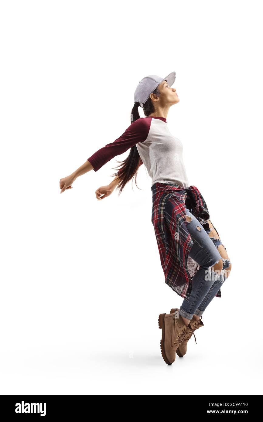 Profilo a lunghezza intera di una femmina danzante hip-hop isolato su sfondo bianco Foto Stock