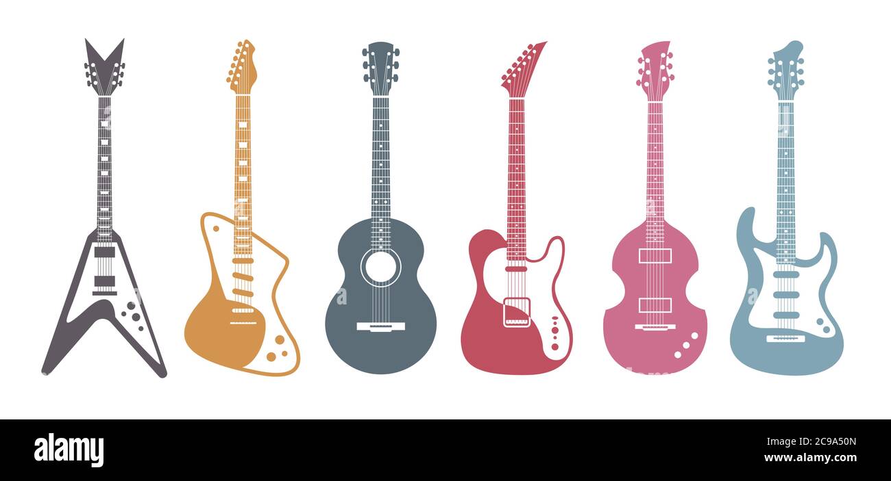 Chitarre piatte. Chitarra acustica, chitarra elettrica su sfondo bianco. Set vettoriale isolato di stile art. Illustrazione Vettoriale
