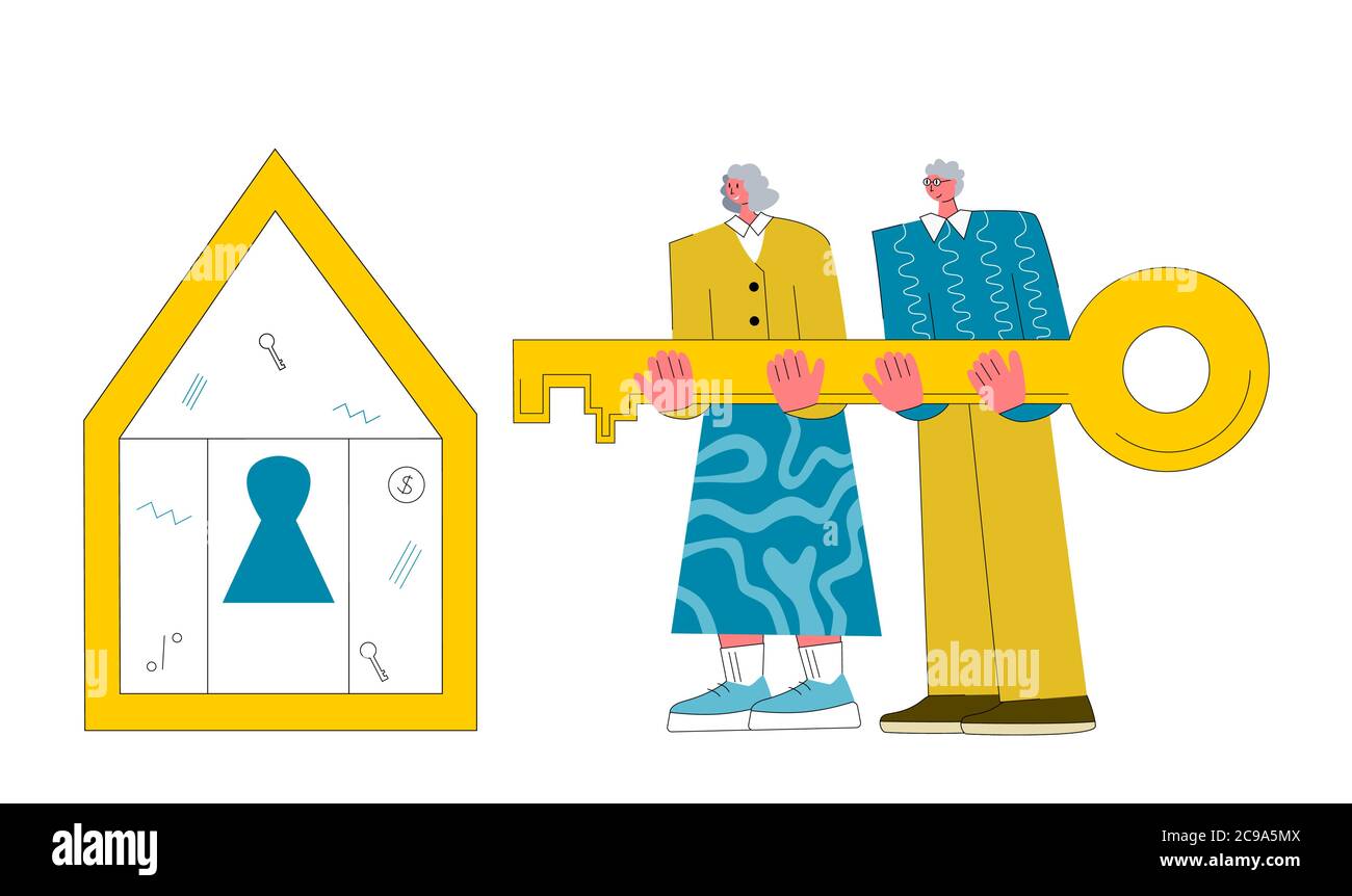 Illustrazione del vettore ipotecario. Appartamento Tiny casa acquisto di debito persone concetto. Compri il bene immobile e paga il accreditamento alla banca. Coppia vecchia Illustrazione Vettoriale