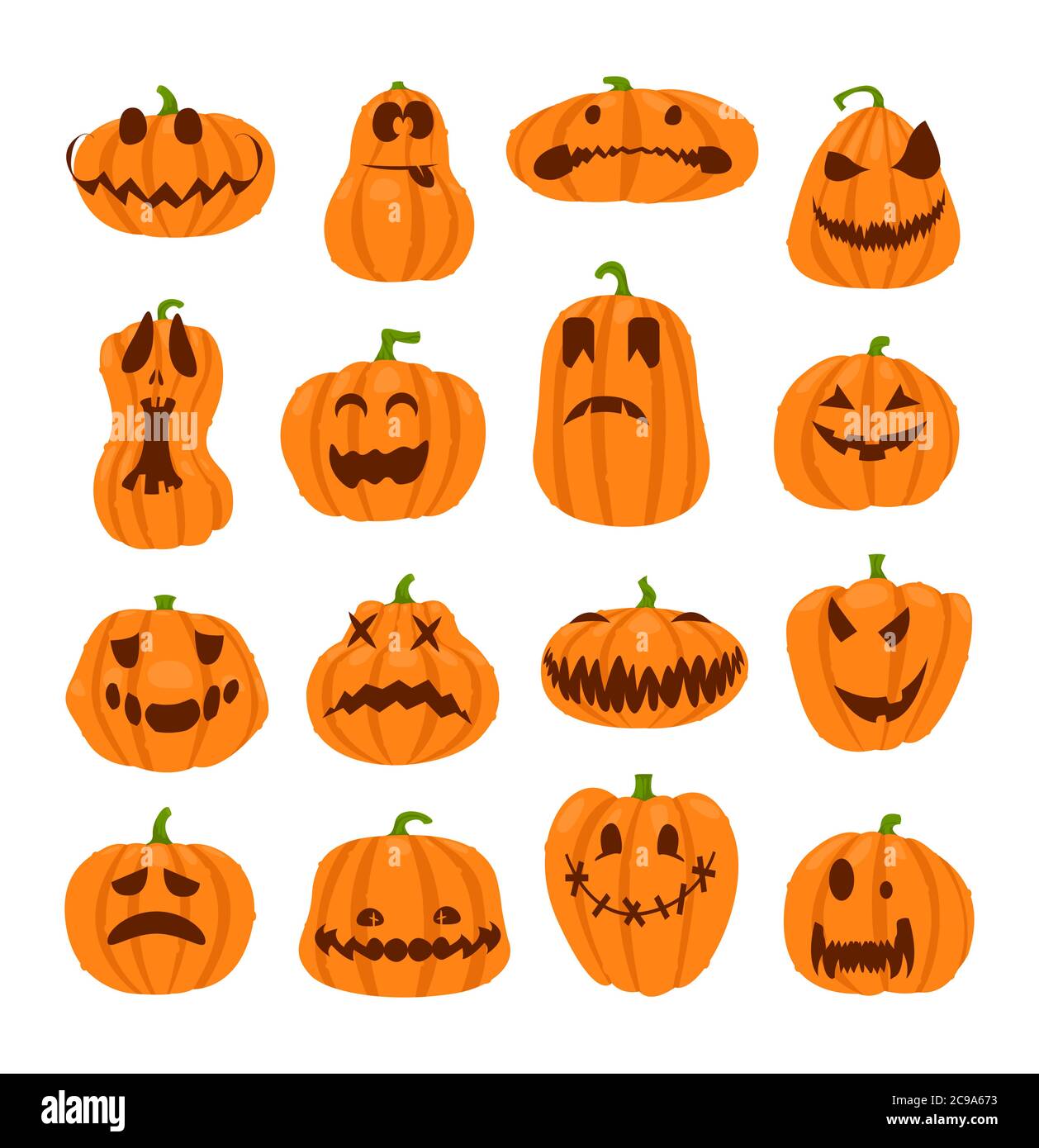 Set di facce di zucche halloween. Il simbolo principale della felice vacanza di Halloween. Zucca arancione con sorriso per il tuo design per la vacanza Halloween. Illustrazione Vettoriale