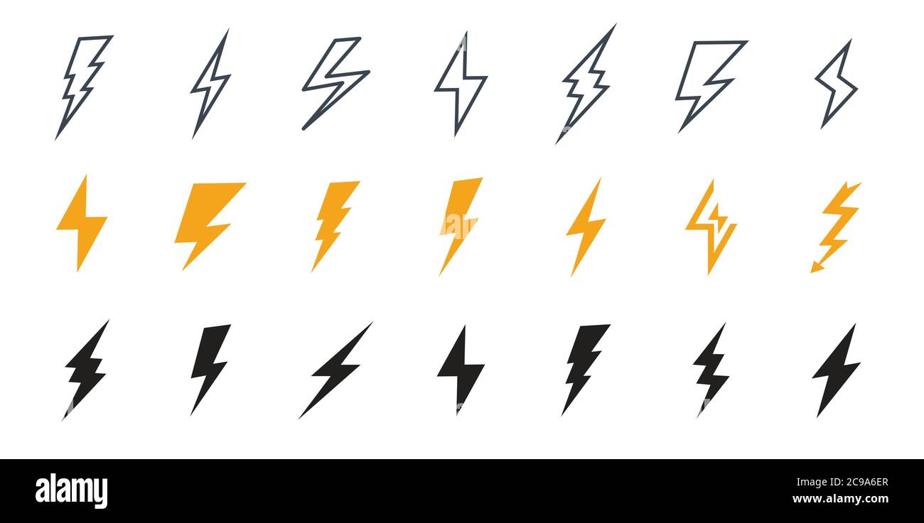 Icona Lightning. Semplice icona tempesta o tuono e fulmine colpo. Insieme di icone che rappresentano fulmini, fulmini o temporale. Illustrazione Vettoriale