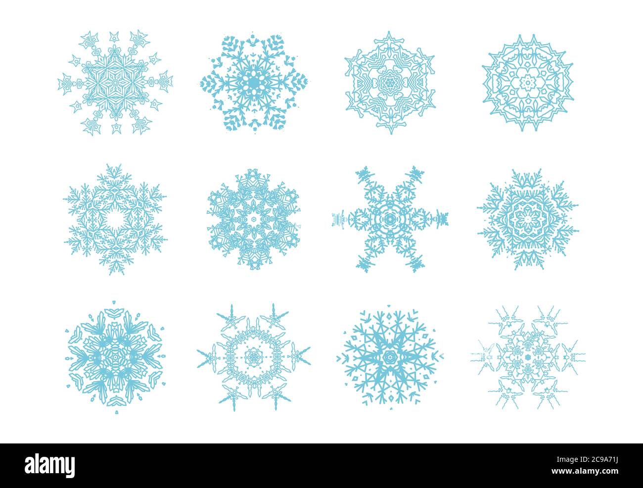 Raccolta fiocchi di neve. Inverno blu natale neve fiocco cristallo elemento. Set di elementi decorativi per Natale e Capodanno. Illustrazione Vettoriale