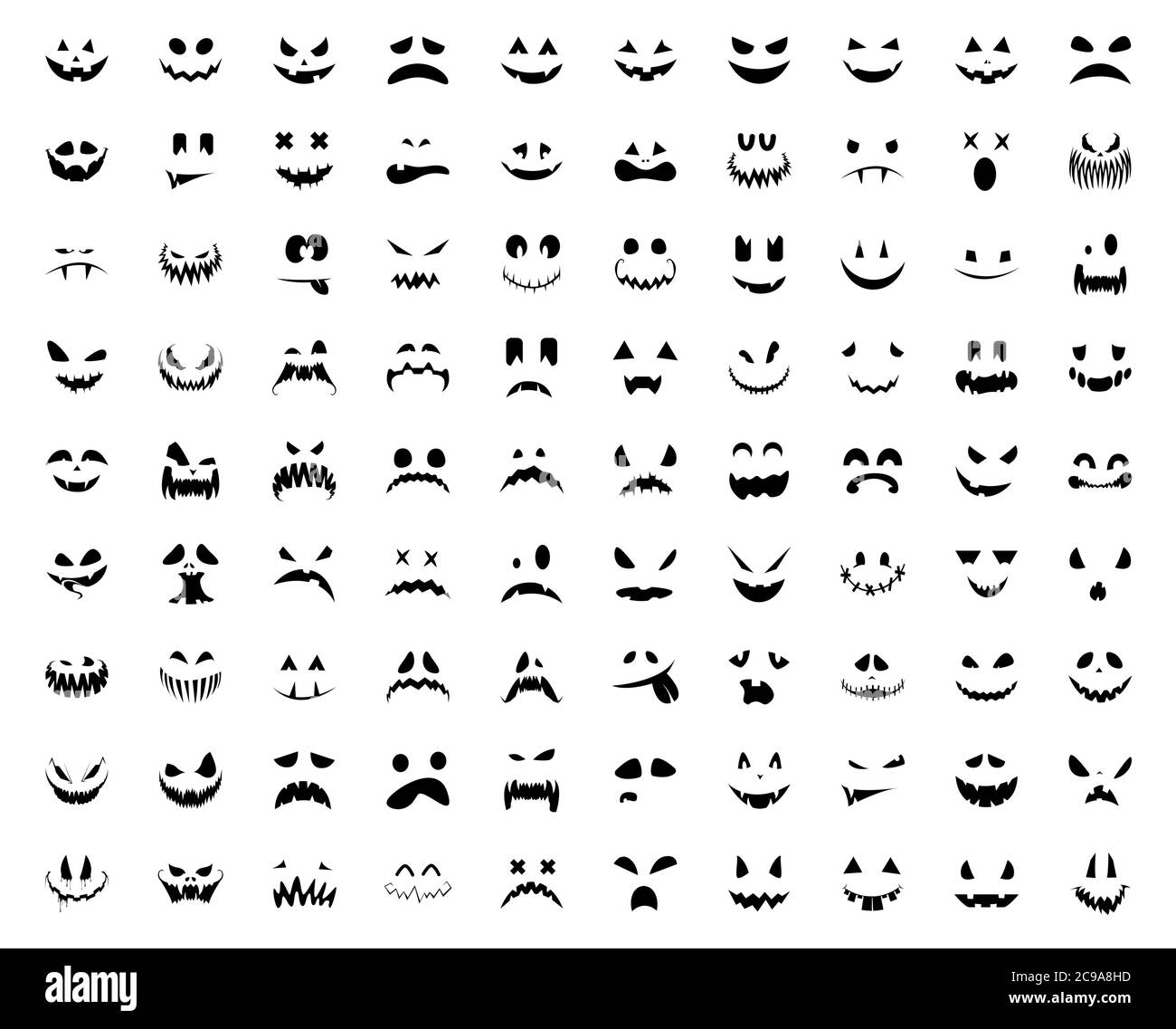 Set di icone dei volti di zucca di Halloween. Grande set di spaventoso sorriso di zucca. Modello per poster, brochure o volantino dei biglietti d'auguri di Halloween. Illustrazione vettoriale Illustrazione Vettoriale