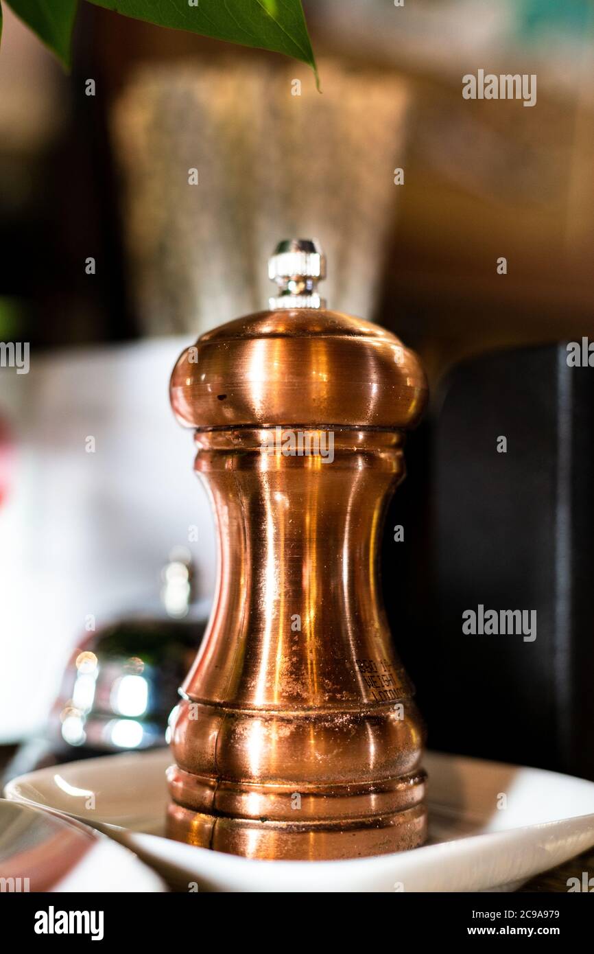 Shaker al pepe in metallo marrone. Agitatore con peperoni in bronzo. Foto Stock