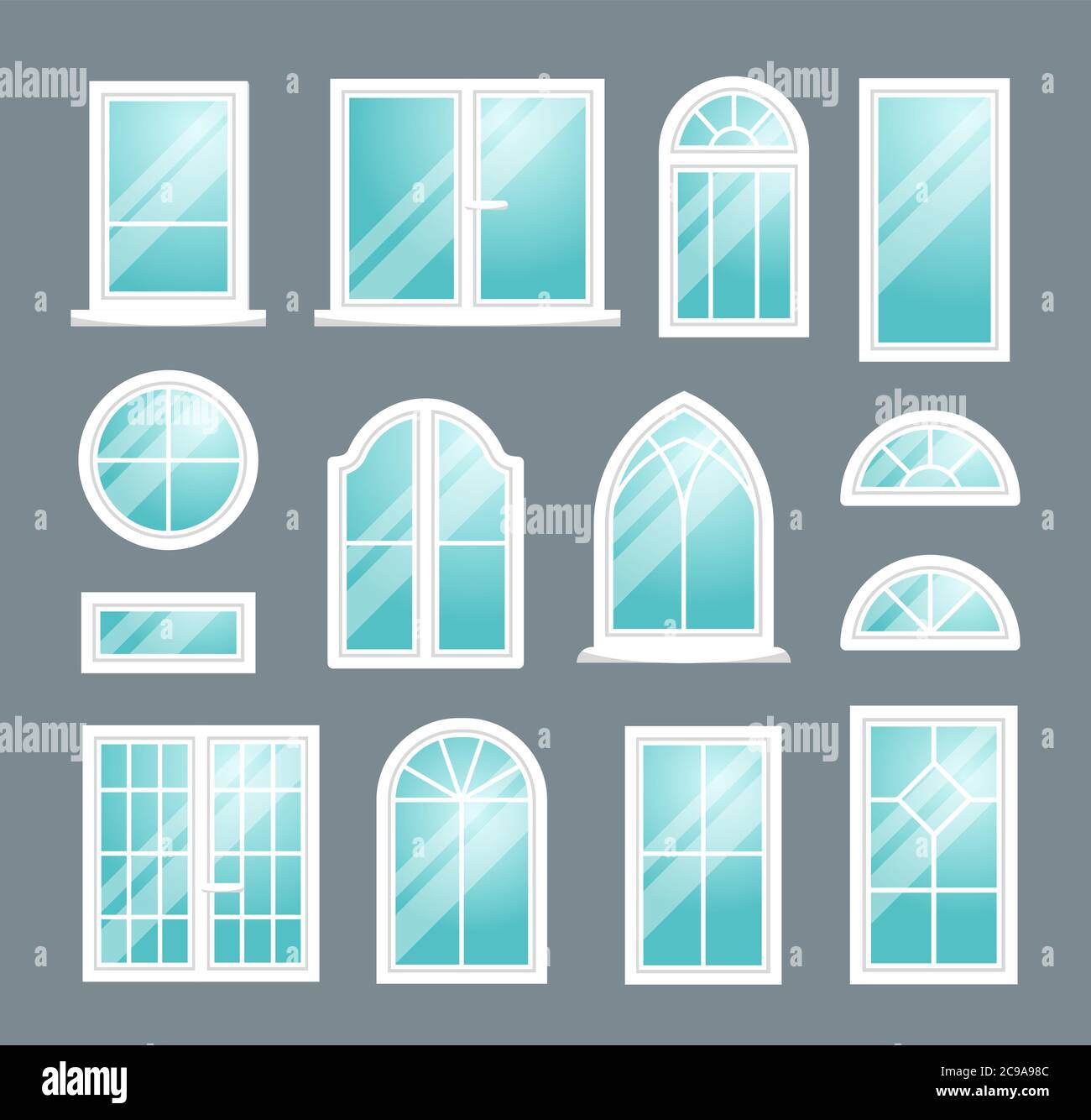 Set di varie finestre isolate in plastica bianca su sfondo scuro. Illustrazione vettoriale. Illustrazione Vettoriale