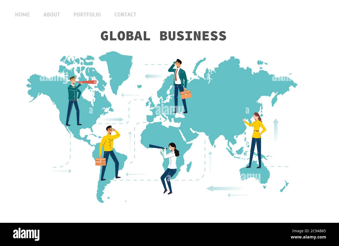 Business globale. Persone provenienti da paesi diversi sono alla ricerca di partner commerciali, opportunità di espansione. Illustrazione Vettoriale