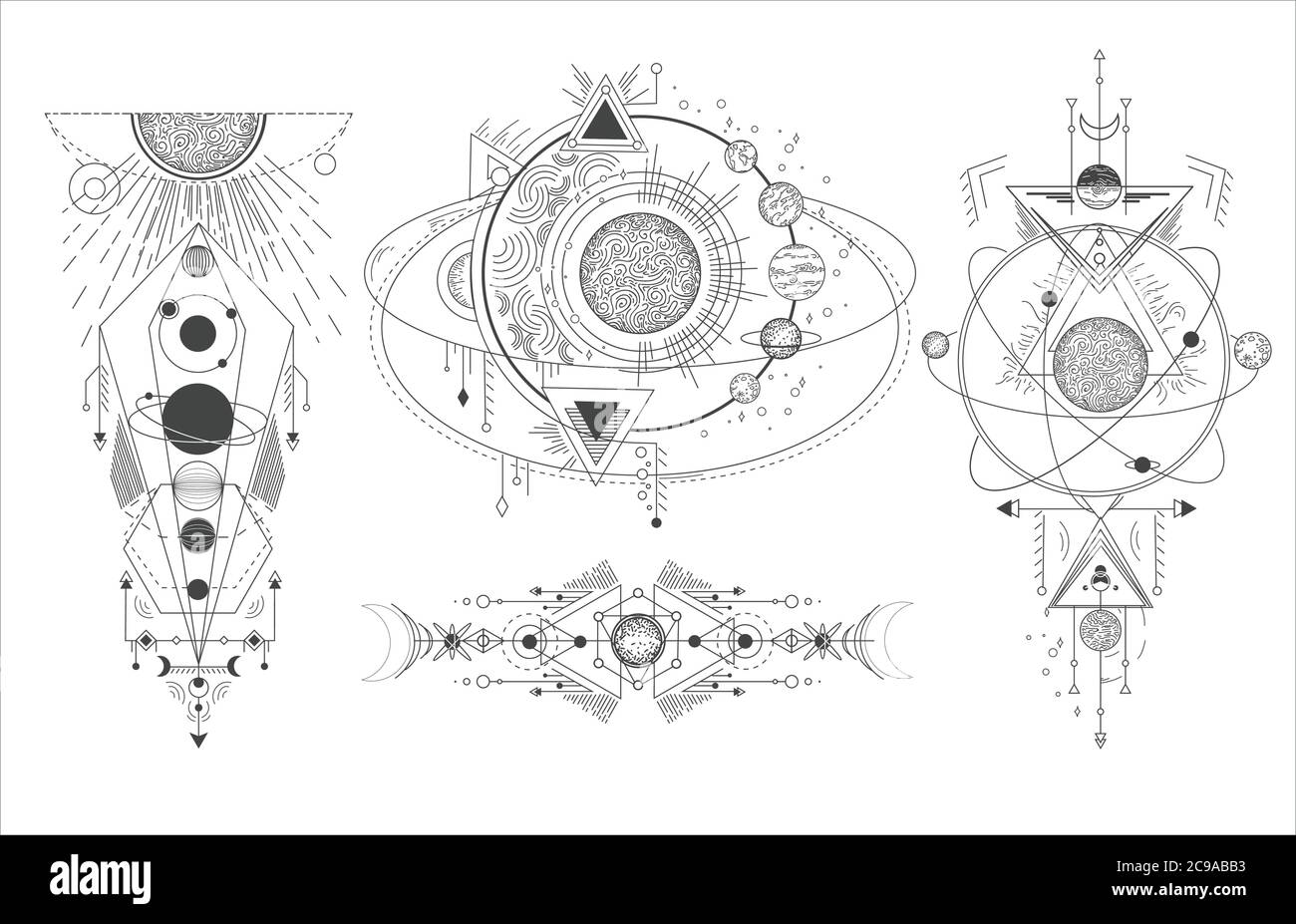 Insieme vettoriale di simboli geometrici sacri con luna, pianeta e frecce isolate su sfondo bianco. Illustrazione Vettoriale
