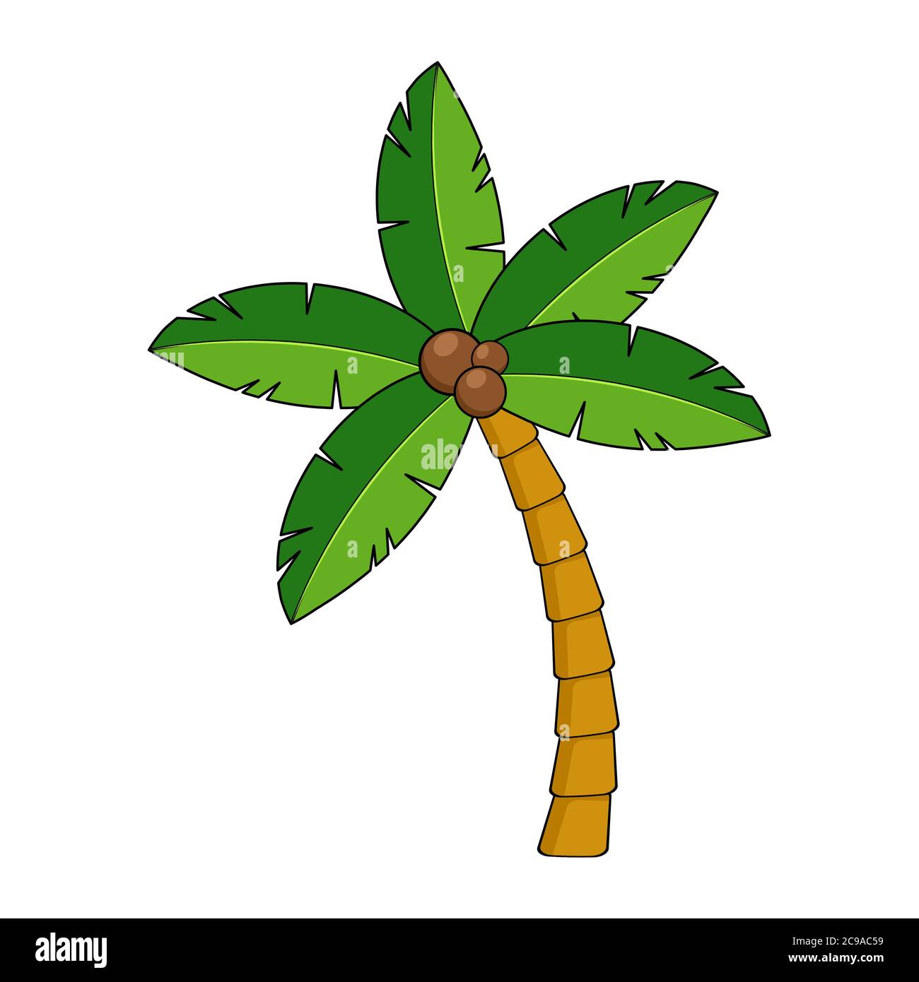 Coco palma cartoon isolato su bianco. Scogliera tropicale di palme. Grafica esotica di palme da cocco per poster o cartolina estiva. Forma di paradiso Illustrazione Vettoriale