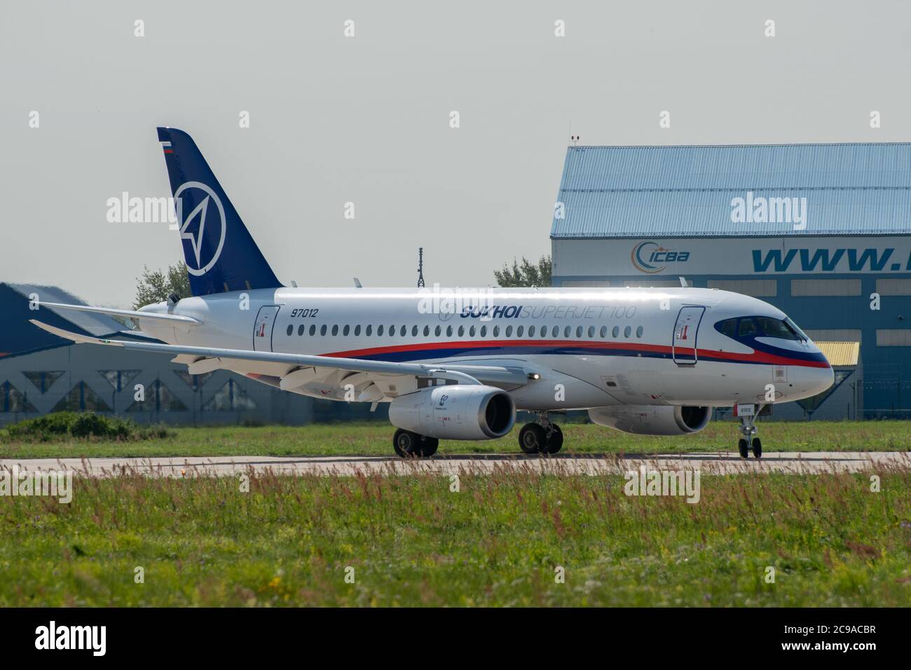30 Agosto 2019. Zhukovsky, Russia. Russo a corto raggio passeggeri a fusoliera stretta Sukhoi Superjet 100 presso la International Aviation and Space Sa Foto Stock