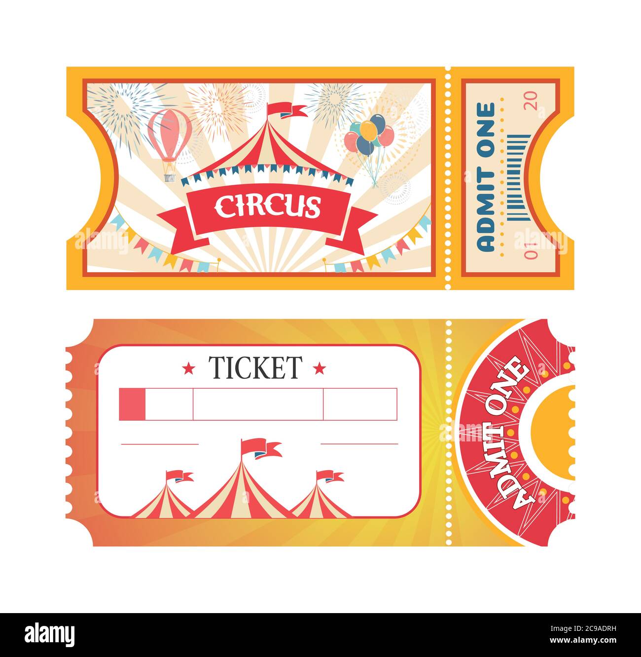 Biglietti per il Circus o per il parco divertimenti, buoni stampati con immagini piatte delle attrazioni della zona fieristica. Biglietti con tenda da circo a nastri rossi e palloncini. Illustrazione Vettoriale