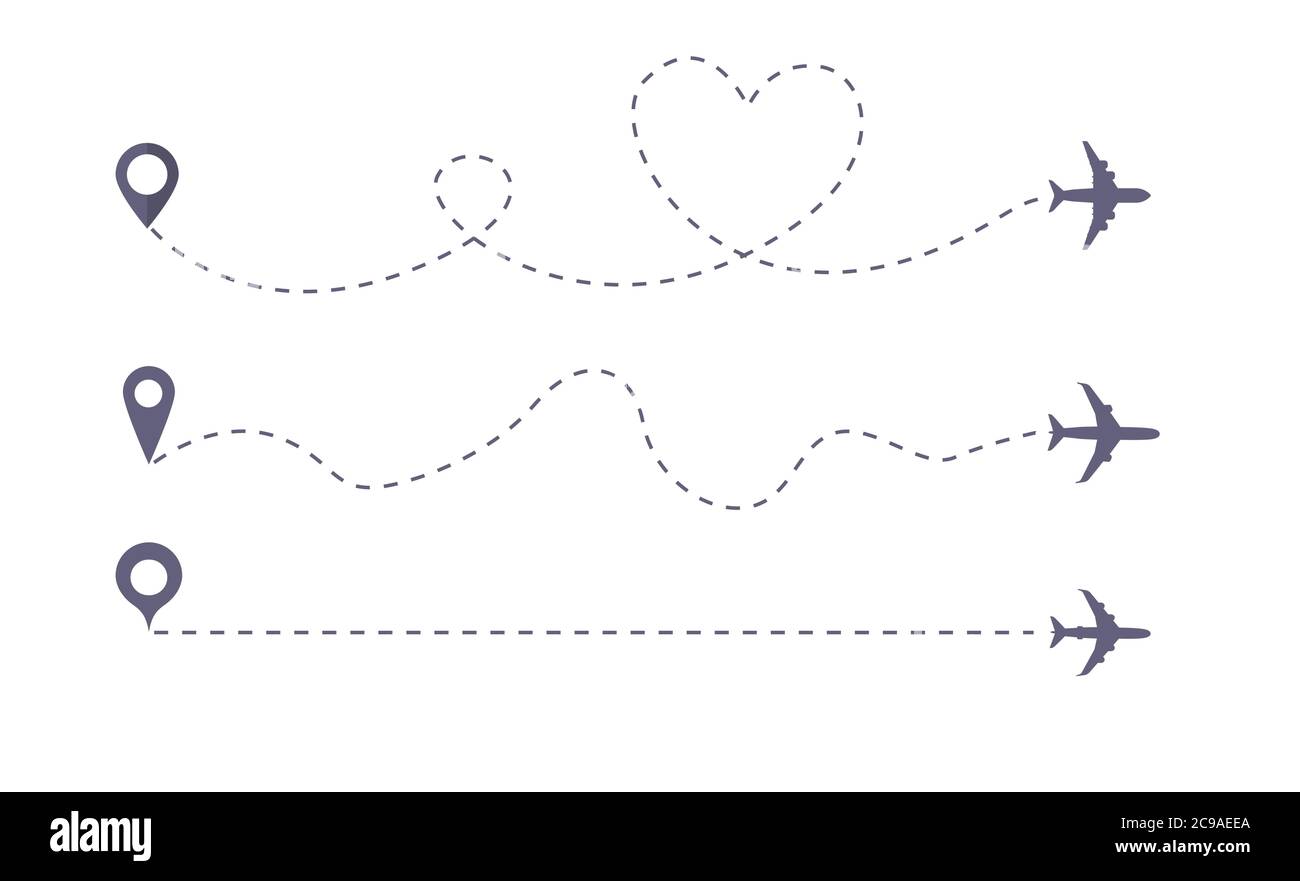 Set di icona del vettore del percorso della linea aerea della rotta del volo aereo. Percorso aereo amore vettore. Illustrazione Vettoriale