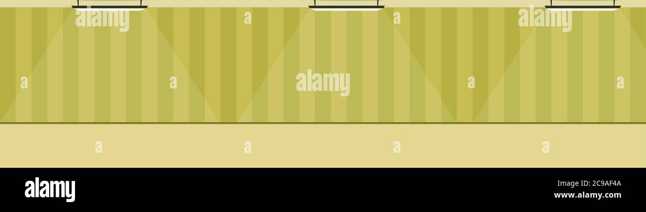 Camera vuota con sfondo a righe. Corridoio lungo. Sfondo verde pastello. Design a righe per pareti e pavimenti. Illustrazione vettoriale. Luce da la Illustrazione Vettoriale