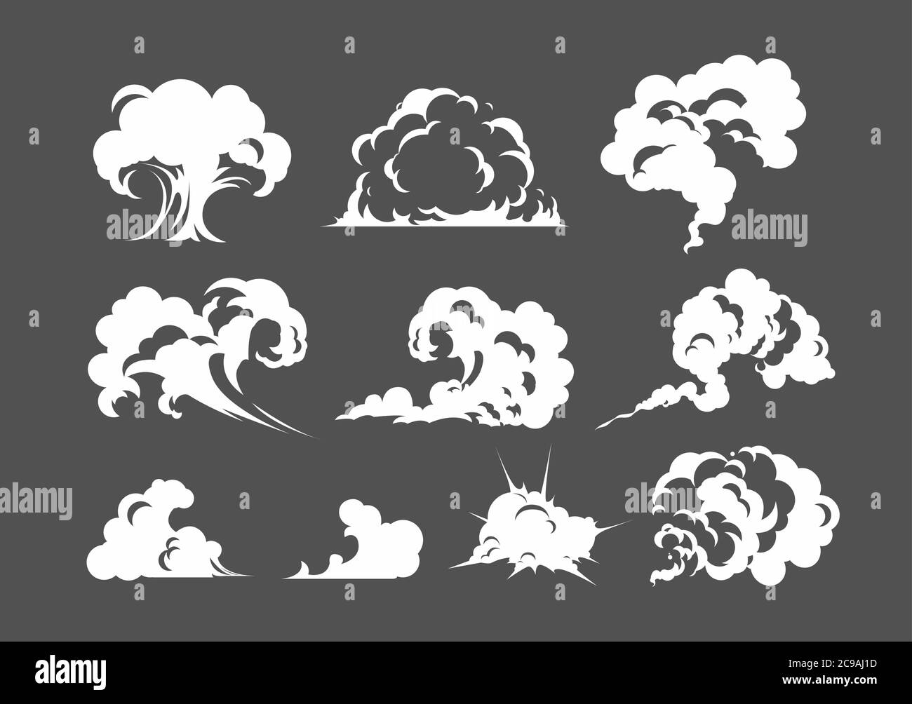 Fumetto fumé fumé. Fumo bianco vapore esplosione polvere nebbia smog gas esplosione polvere gioco cartoon, icona. Superficie piana isolata per la progettazione, gli effetti e. Illustrazione Vettoriale
