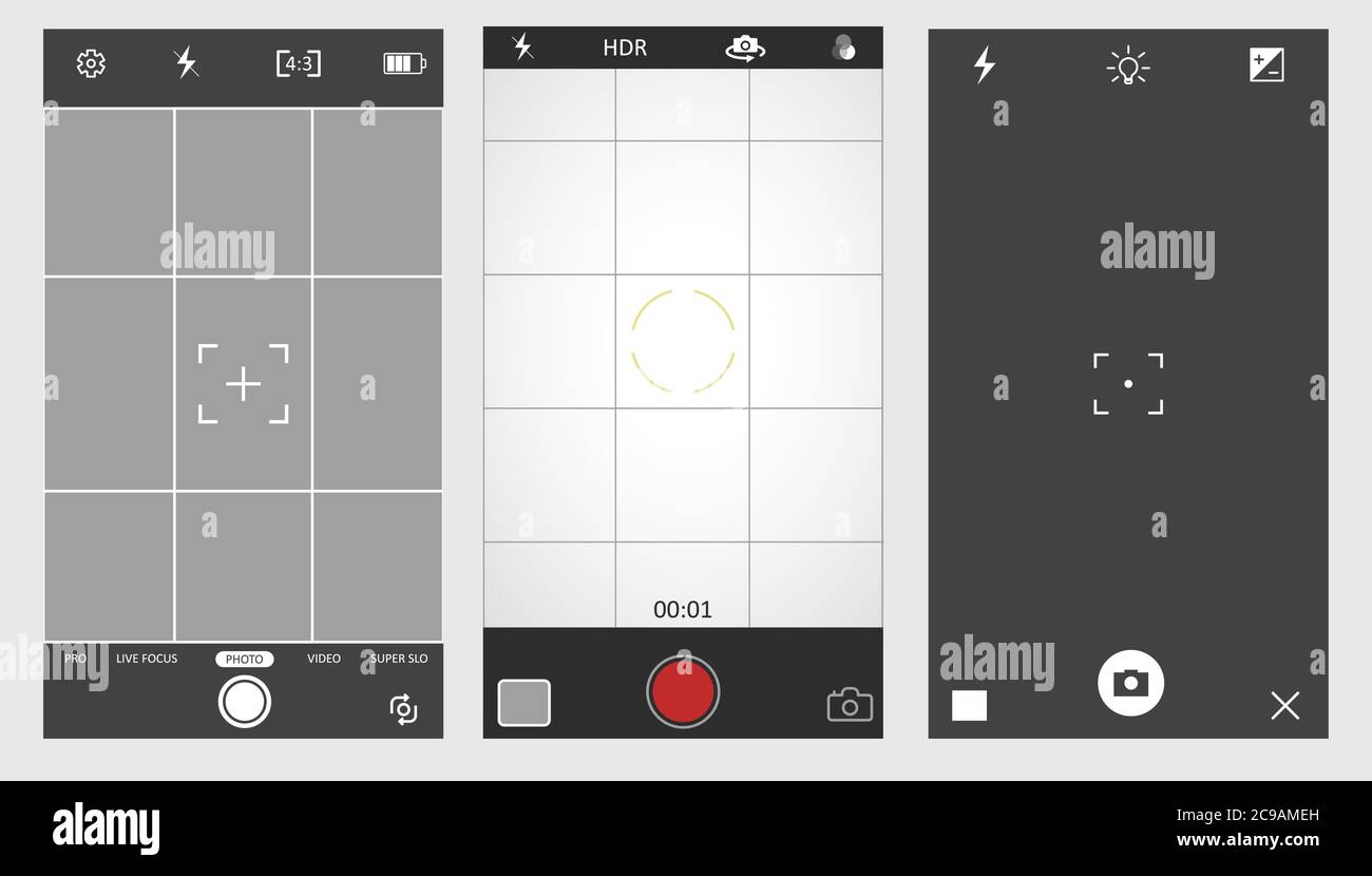 Set di viewfinder in bianco e nero della fotocamera. Vista retrocamera e fotogrammi di messa a fuoco. Illustrazione vettoriale. Illustrazione Vettoriale