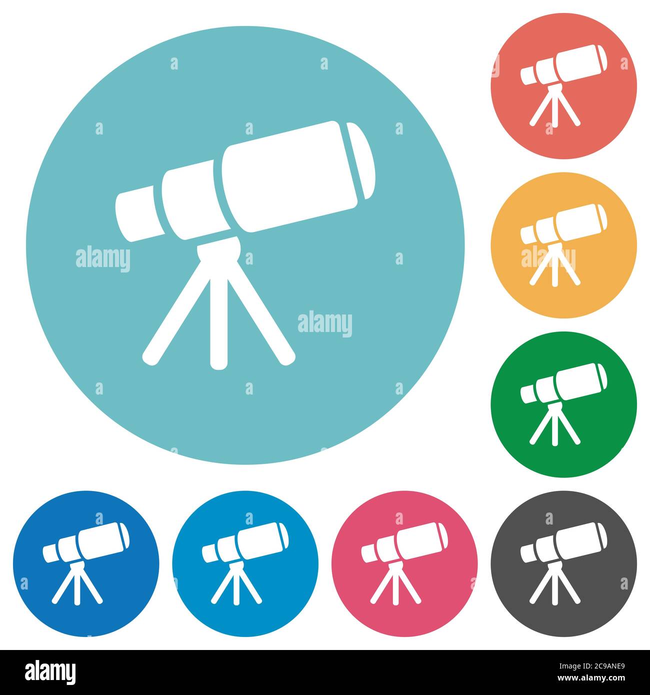 Telescopio spaziale con icone bianche piatte su sfondi rotondi di colore Illustrazione Vettoriale