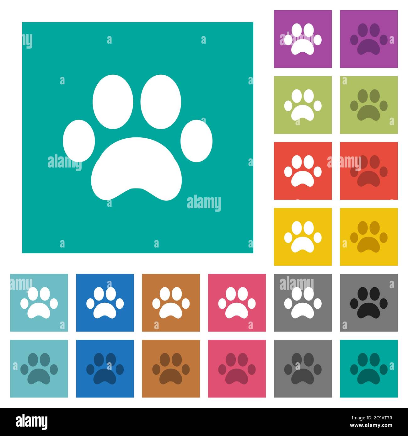 Paw stampa icone piatte multicolore su sfondi quadrati. Incluse variazioni delle icone bianche e più scure per il passaggio del mouse o gli effetti attivi. Illustrazione Vettoriale