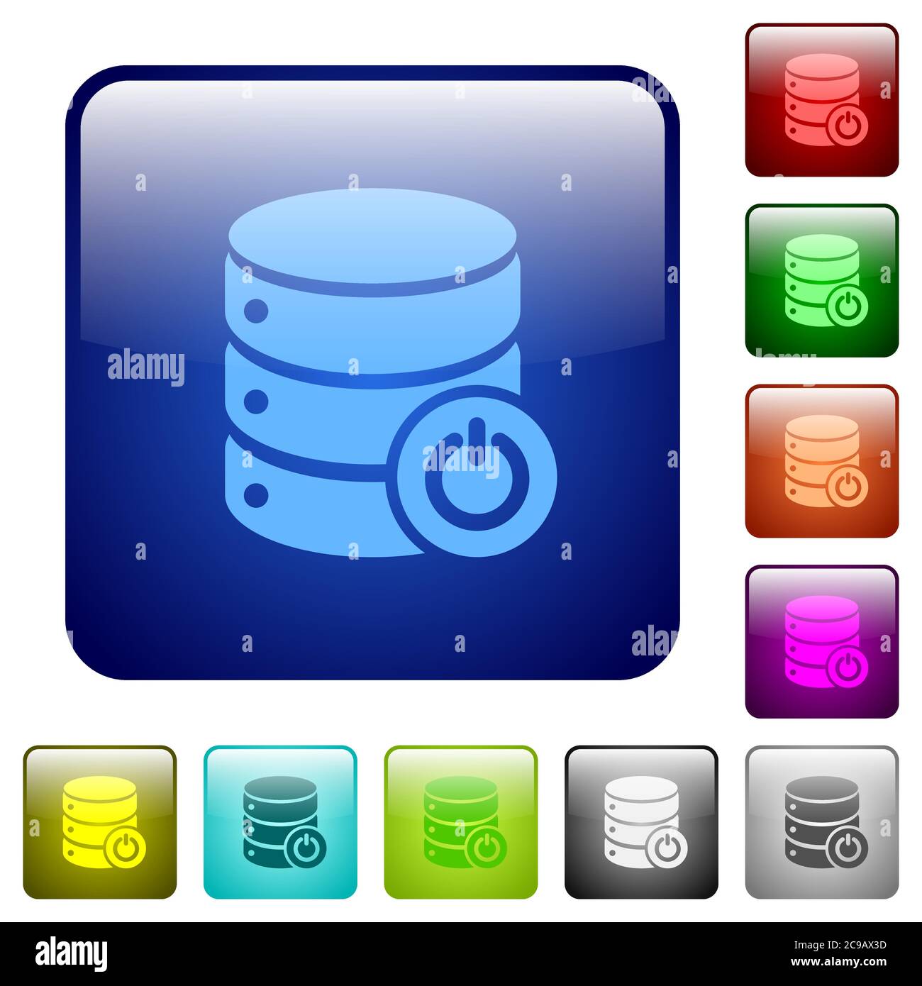 Icone dell'interruttore principale del database in un set di pulsanti lucidi di colore quadrato arrotondato Illustrazione Vettoriale