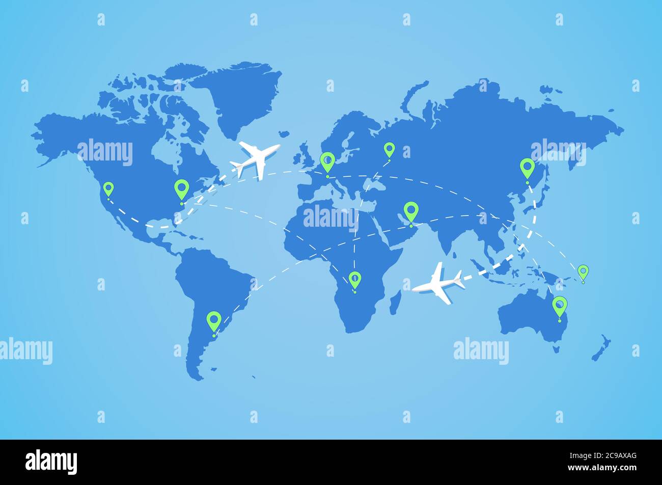Mappa del mondo con aereo. Aerei aerei volare aereo pista di trasporto aereo illustrazione vettoriale. Illustrazione Vettoriale