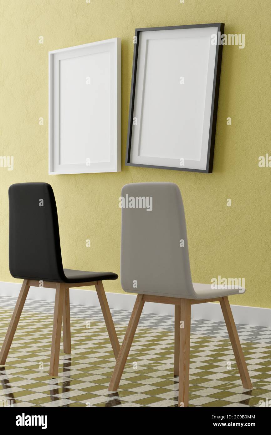 Due montatura verticale bianca, cornice in legno e sedie sulla parete gialla, illustrazione 3d Foto Stock