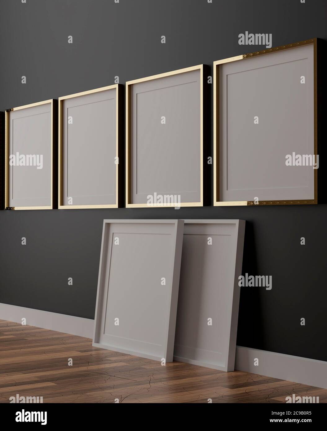 Quattro mockup verticali con cornice bianca, cornice dorata su parete nera, illustrazione 3d Foto Stock