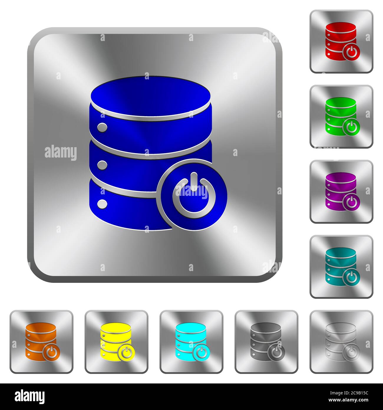 Icone dell'interruttore principale del database incise sui pulsanti arrotondati quadrati in acciaio lucido Illustrazione Vettoriale