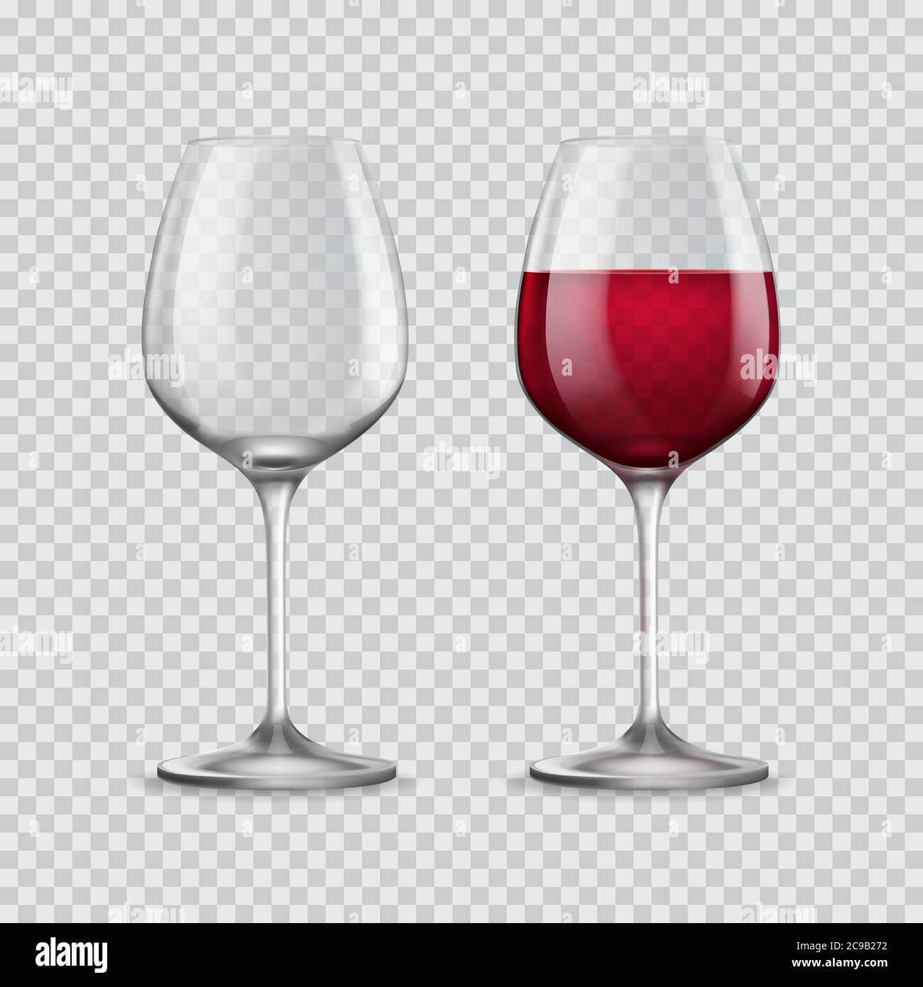 Bicchiere di vino. Due bicchieri vuoti e con vino rosso isolato su fondo trasparente. Illustrazione vettoriale Illustrazione Vettoriale