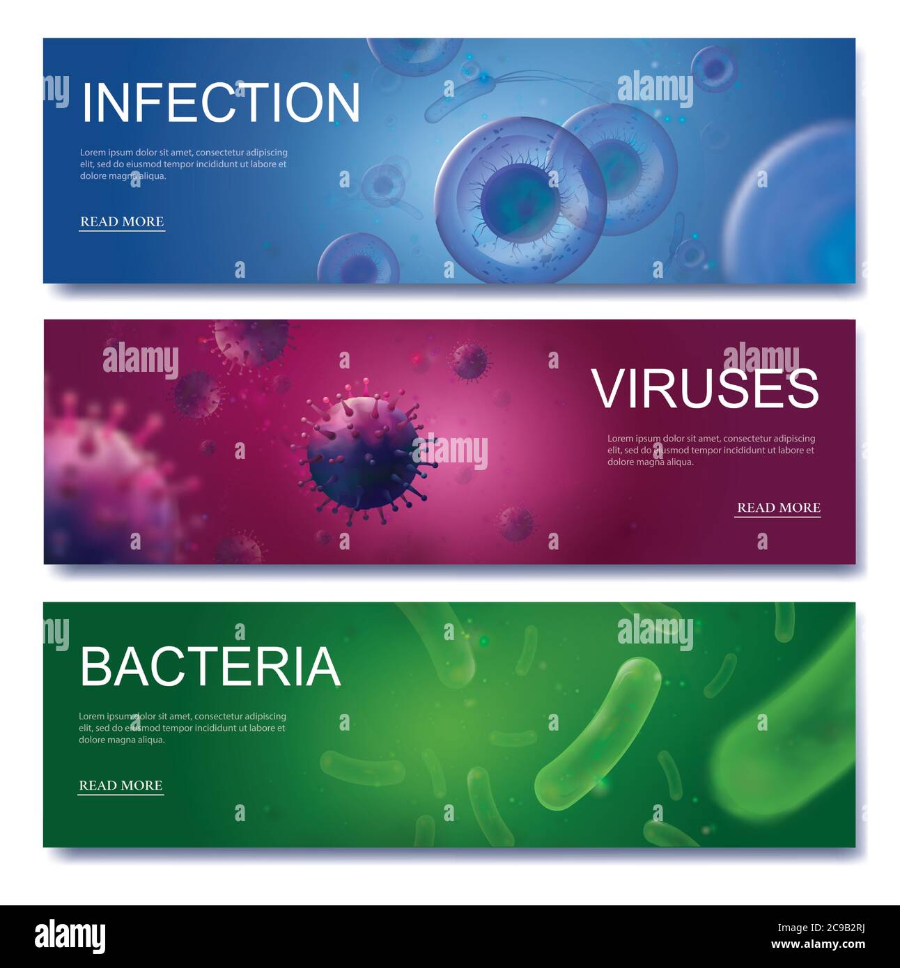 Striscioni per microbiologia. Virus, batteri e infezioni 3D sfondi. Cellule vettoriali realistiche di microrganismi e patogeni nocivi, infettiologia Illustrazione Vettoriale