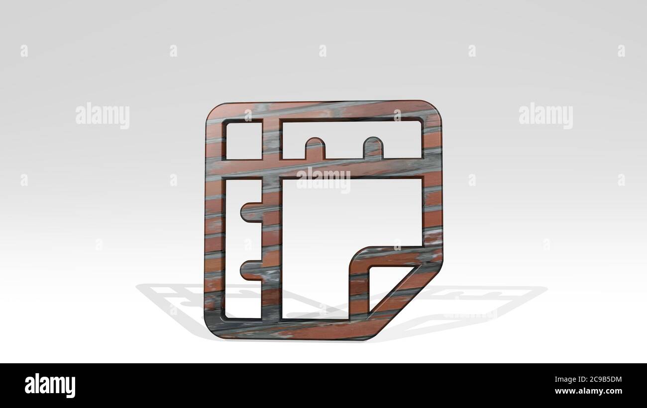 righello griglia che getta ombra con due luci. Illustrazione 3D di scultura metallica su sfondo bianco con texture mite, astratta e motivo Foto Stock