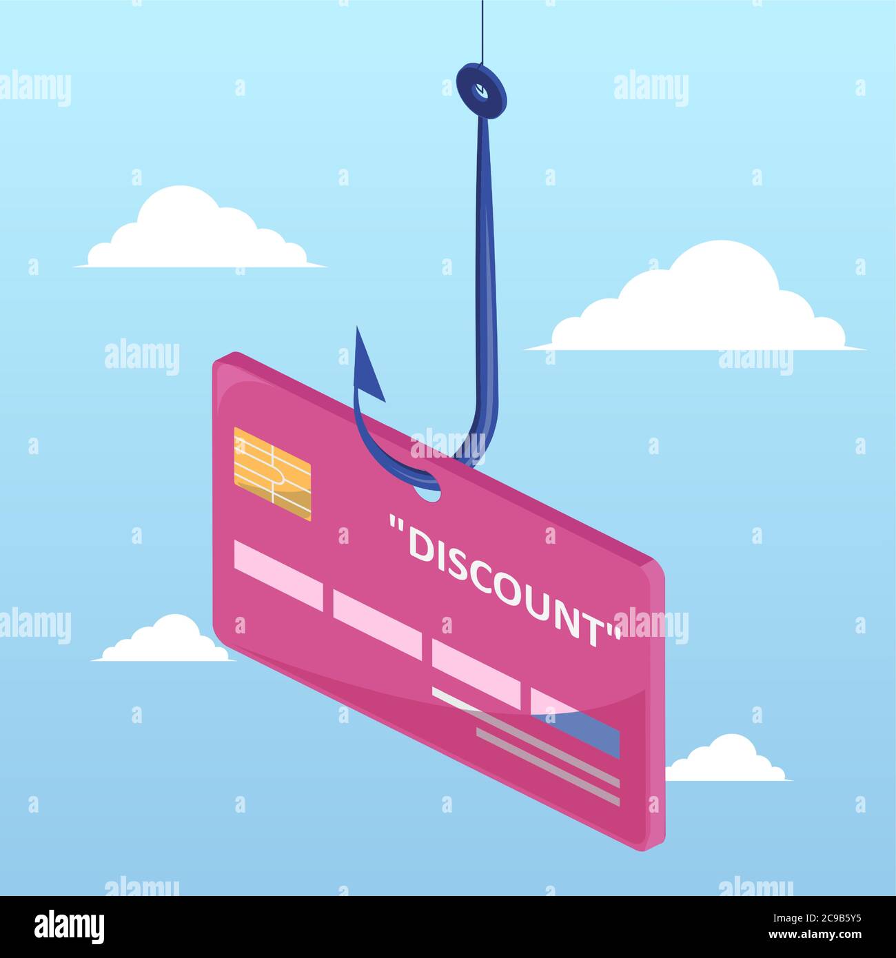 Concetto falso di esca di sconto. Vettore di una carta di credito sconto su un gancio di pesca isolato su uno sfondo cielo Illustrazione Vettoriale