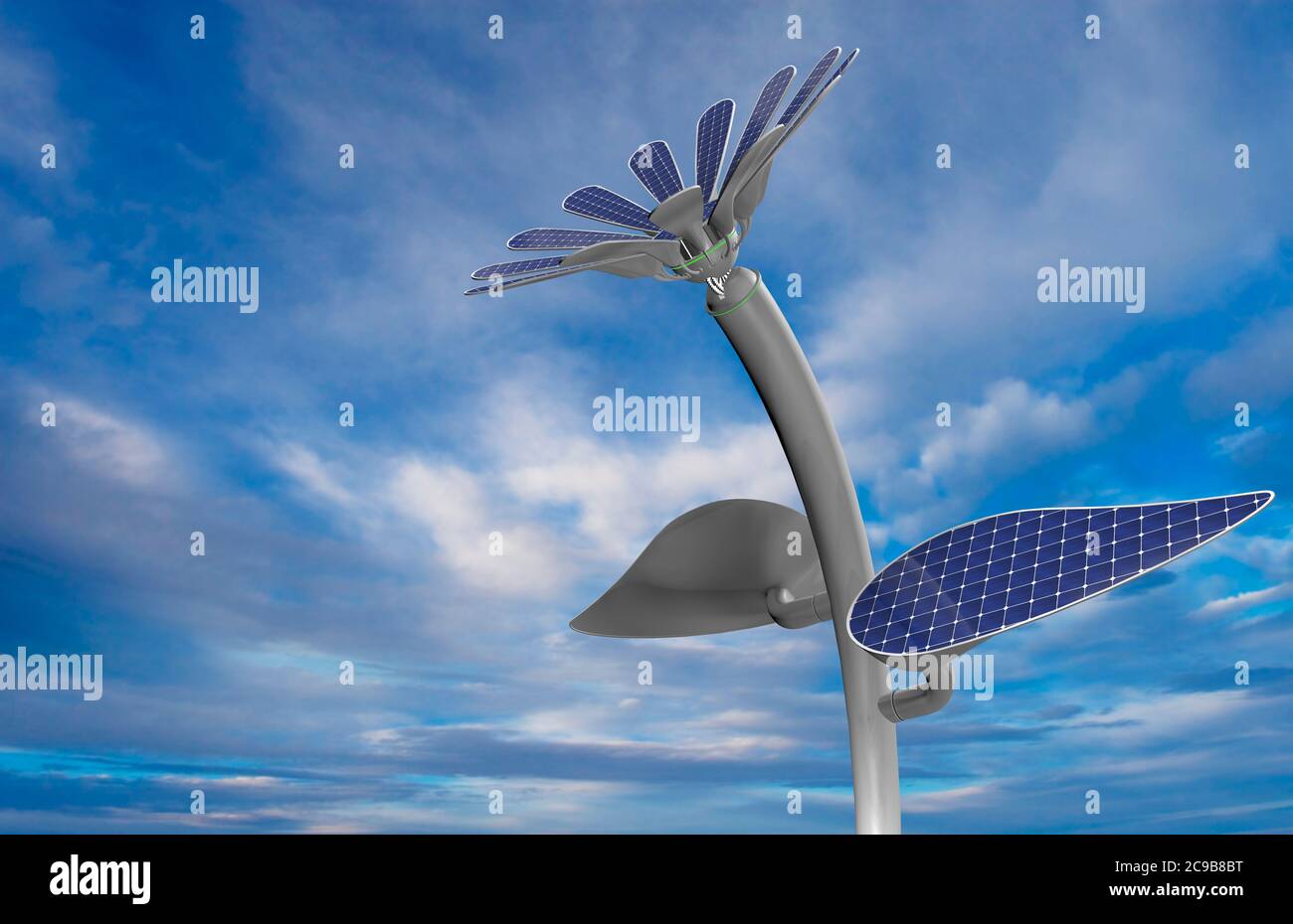 Primo piano su un pannello solare a forma di fiore blu con petali bianchi, foglie e gambo lungo con sfondo blu del cielo. Illustrazione 3D Foto Stock