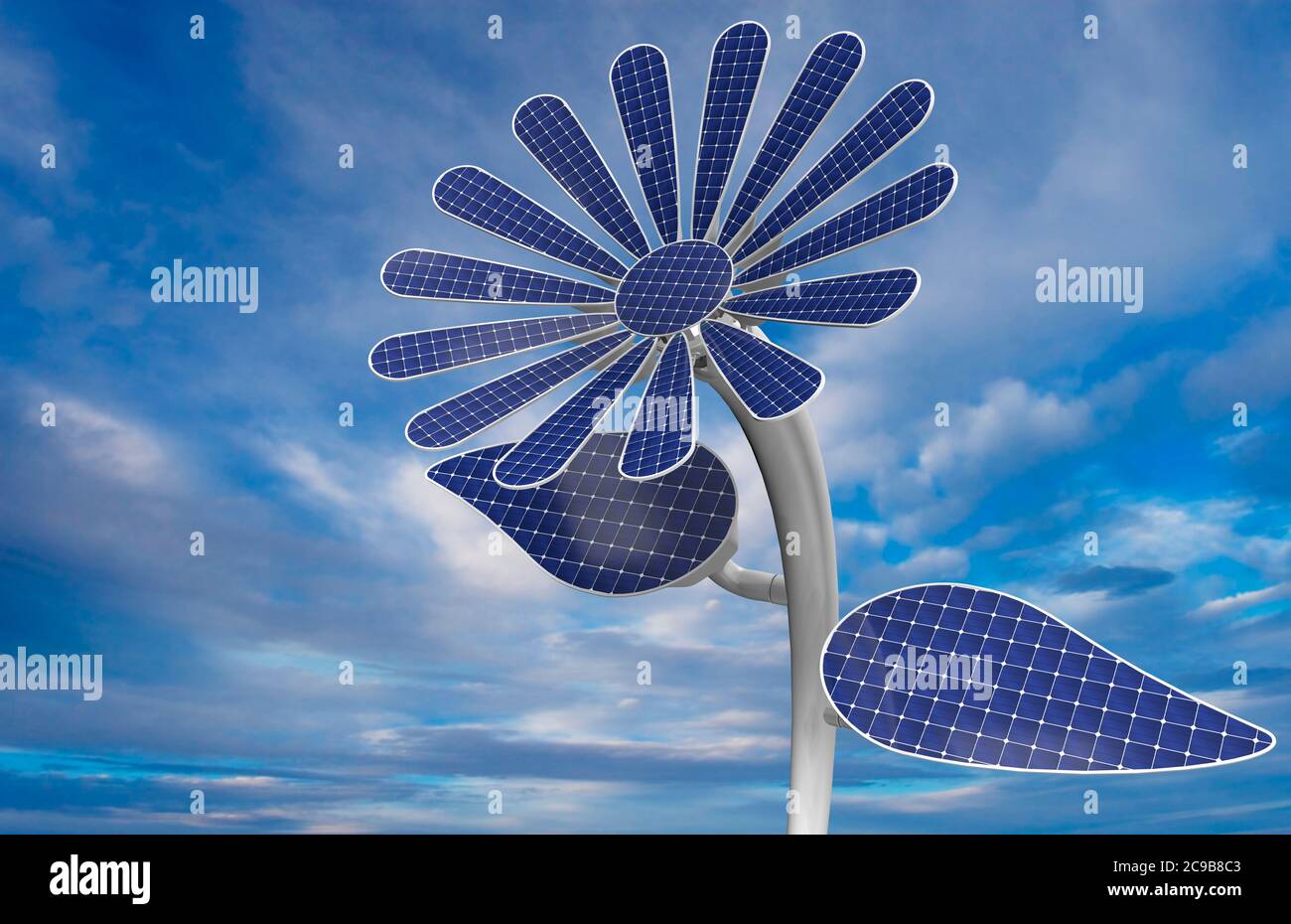 Primo piano su un pannello solare a forma di fiore blu con petali bianchi, foglie e gambo lungo con sfondo blu del cielo. Illustrazione 3D Foto Stock