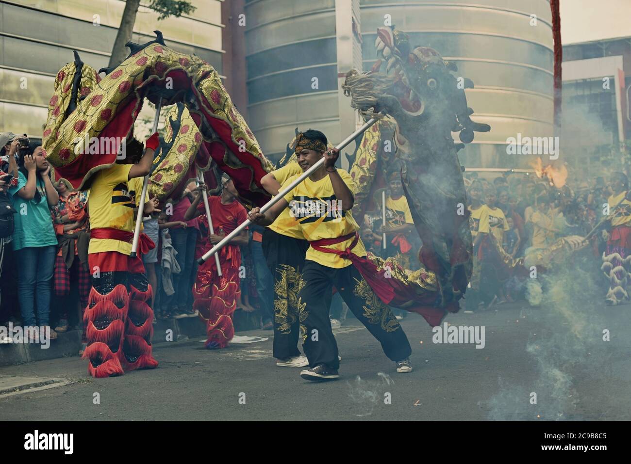 Un'esibizione di danza del drago del fuoco durante la sfilata culturale del Festival della Lanterna di Bandung del 2015 (Kirab Budaya Cap Go Meh Bandung 2015) a Bandung City, Indonesia. Foto Stock