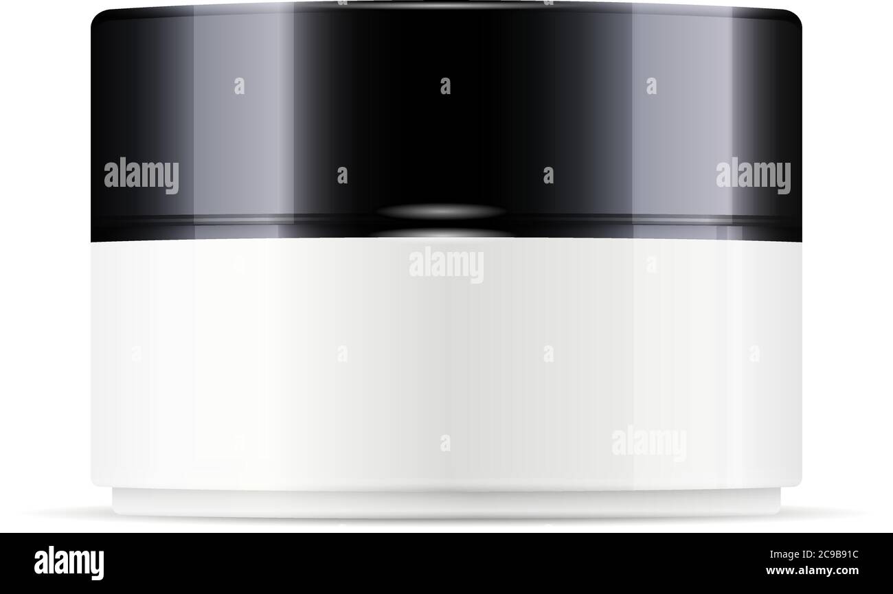 Vaso rotondo in plastica bianca con coperchio nero lucido per cosmetici - crema corpo, gel, burro, sale da bagno, cura della pelle, polvere. Modello di confezionamento realistico templa Illustrazione Vettoriale