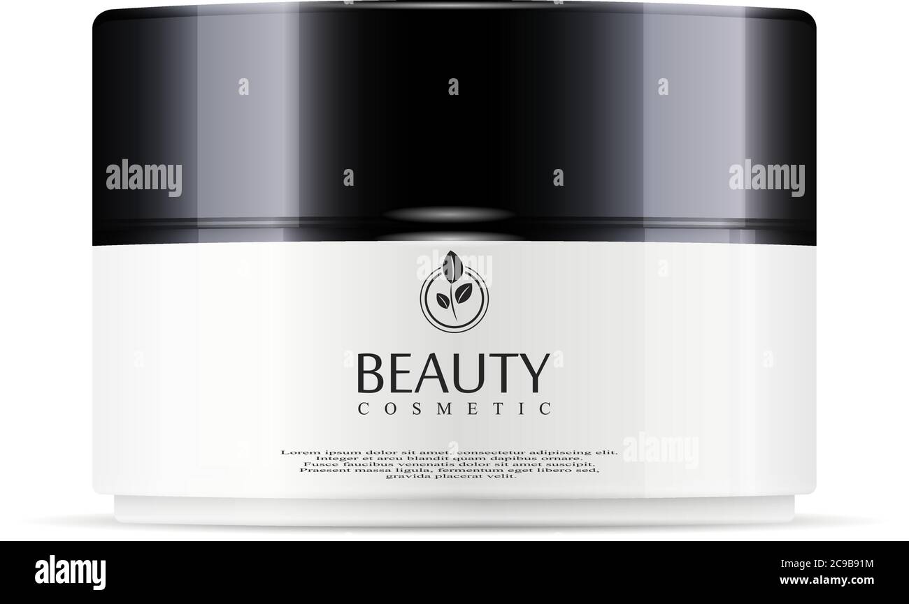 Vaso rotondo in plastica bianca con coperchio nero lucido per cosmetici - crema corpo, gel, burro, sale da bagno, cura della pelle, polvere. Modello di confezionamento realistico templa Illustrazione Vettoriale