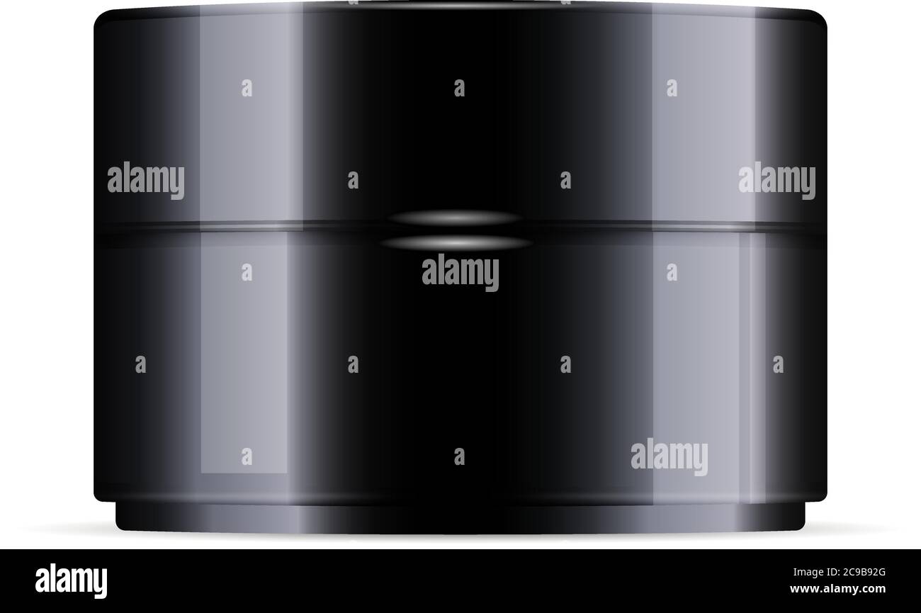 Vaso rotondo in plastica nera con coperchio nero lucido per cosmetici - crema corpo, gel, burro, sale da bagno, cura della pelle, polvere. Modello di confezionamento realistico templa Illustrazione Vettoriale