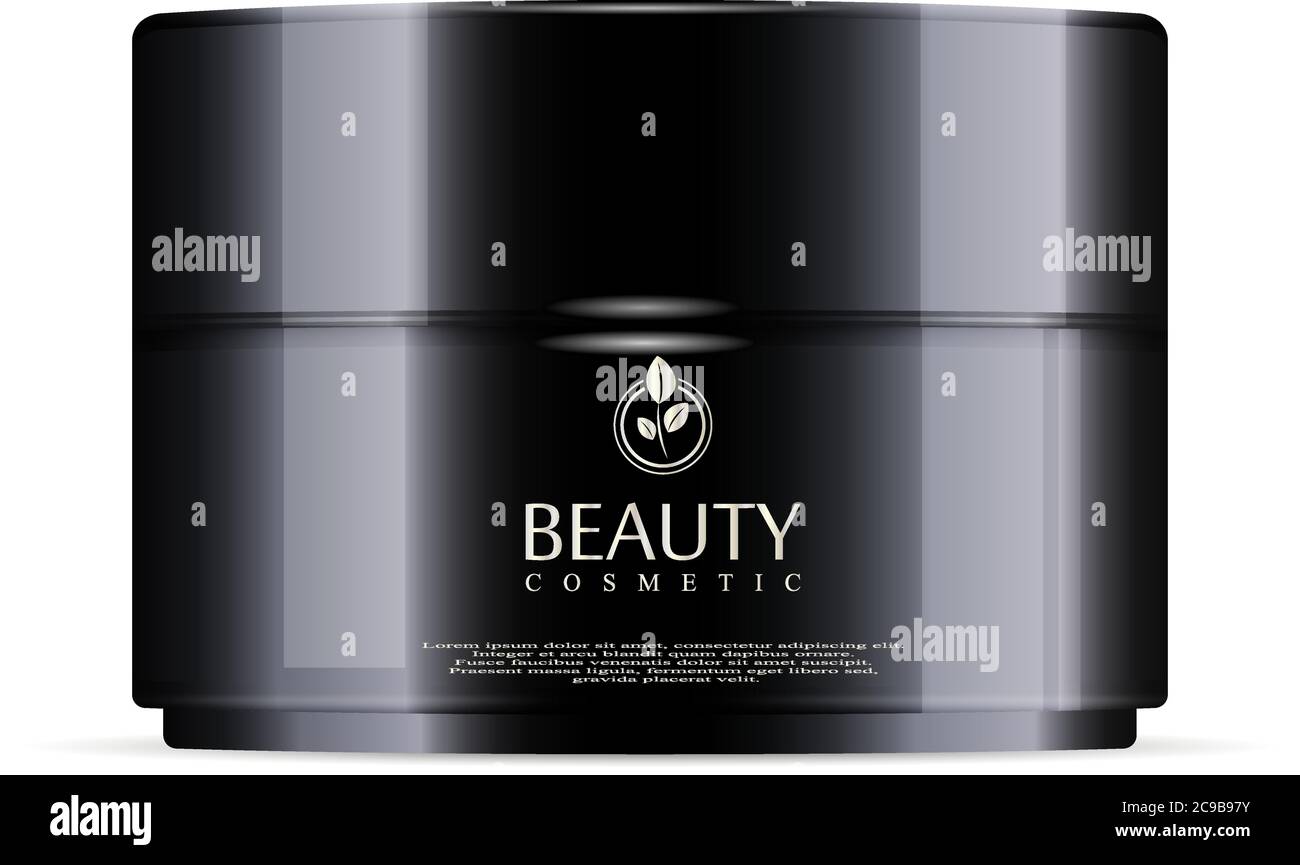 Vaso rotondo in plastica nera con coperchio nero lucido per cosmetici - crema corpo, gel, burro, sale da bagno, cura della pelle, polvere. Modello di confezionamento realistico templa Illustrazione Vettoriale