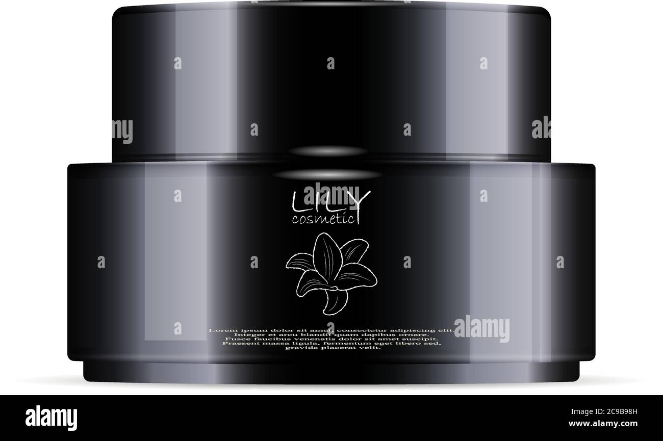 Vasetto cosmetico rotondo in plastica nera con coperchio per crema corpo, gel, burro, sale da bagno, cura della pelle, polvere. Modello realistico di confezionamento cosmetico mockup. Ve Illustrazione Vettoriale
